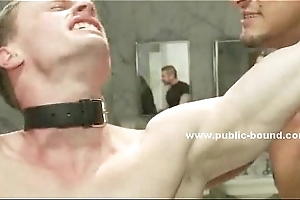 Suspended gay scrounger is tied up humiliated added to orientation fucked unconnected with a bunch of horny men