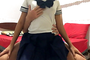 Cute girl wearing Japanese Schoolgirl uniform dry humping him till he cums in his underwear grinding doggystyle