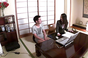 Young Japanese lawyer has sex with client inside the office and lets him come on her pussy