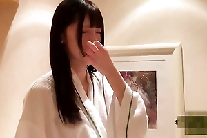 A beautiful Japanese beauty with long black hair gives a blowjob and then takes a creampie POV 2 uncensored