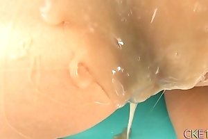 Showery slime over Japanese teen'_s shaved pussy and skinny body!